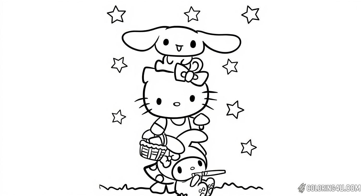 This charming Sanrio coloring page shows Hello Kitty, My Melody, and Cinnamoroll having a joyful moment together. Hello Kitty stands with a basket and a mushroom, while My Melody plays a flute and Cinnamoroll happily sits on Hello Kitty's head. Surrounded by twinkling stars, this scene is perfect for kids who love coloring their favorite friends in a magical setting.