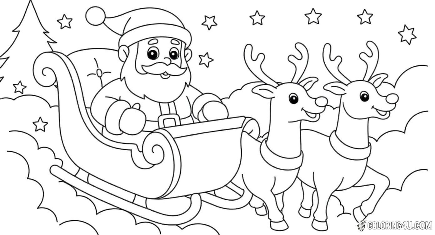 Santa In Sleigh Riding With Reindeer