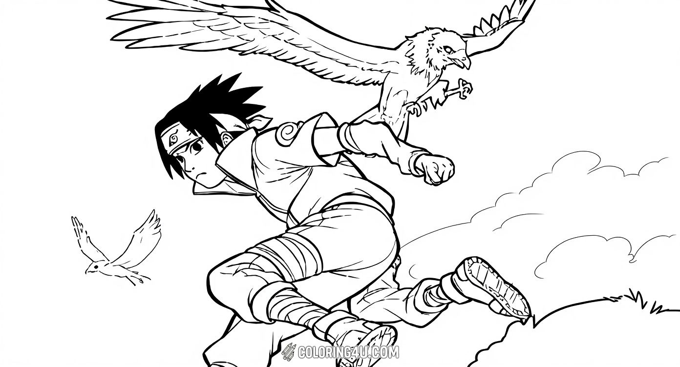 Join Naruto Uzumaki and Sasuke Uchiha in their very first team battle in this thrilling coloring sheet! Watch Sasuke poised for action alongside a bird companion, ready to take on any challenge. Kids will love adding vibrant shades to this adventurous moment from the Naruto series.