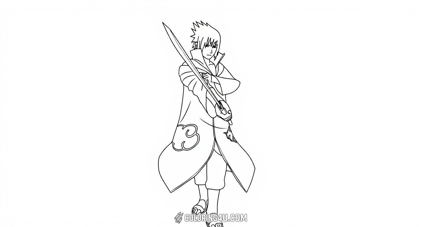 Bring to life the mysterious Sasuke Uchiha wearing his Akatsuki cloak and holding his sword in a fierce stance! This coloring page is perfect for kids who enjoy painting intense characters from the popular Naruto universe. Dive into the world of ninjas and add your unique colors to Sasuke’s bold look.