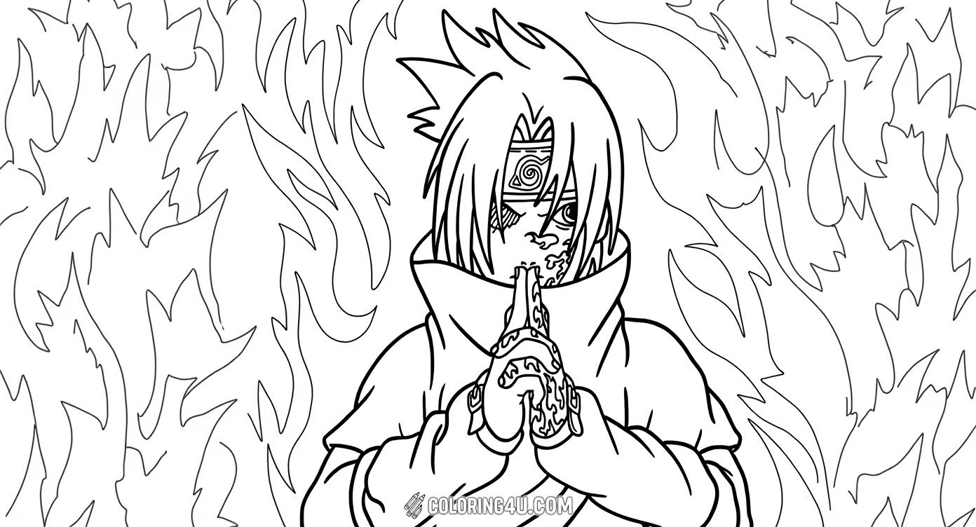 This thrilling coloring page shows Sasuke Uchiha from Naruto making a classic ninja hand sign, surrounded by intense flames that highlight his powerful energy. Kids will have fun using fiery colors to bring out the dramatic scene of this brave and skilled ninja!