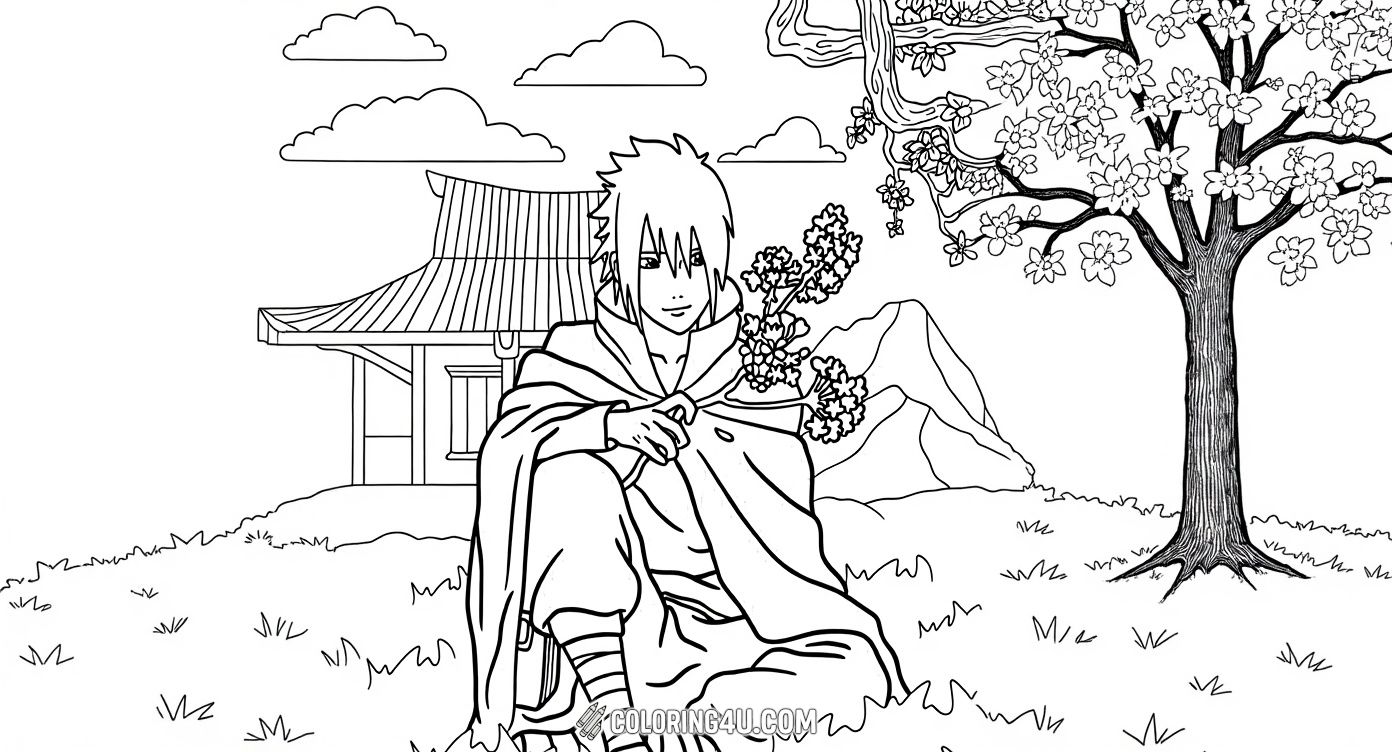 This coloring page features Sasuke Uchiha from the popular anime and manga series Naruto sitting peacefully on the grass. He is holding a cherry blossom branch, with a traditional Japanese house and mountains in the background. Kids can enjoy bringing this serene and gentle moment to life with their favorite colors!