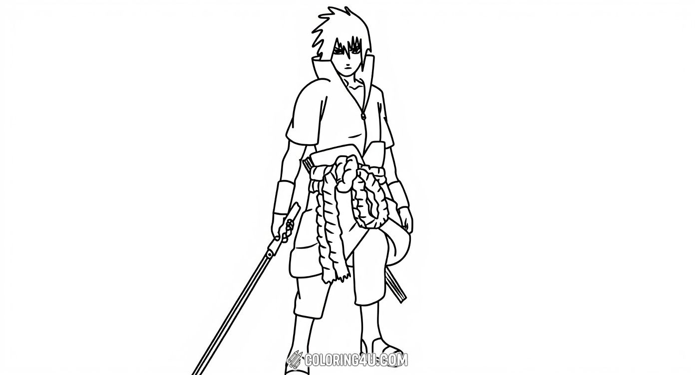 Here is an action-ready Sasuke Uchiha from Naruto, standing confidently while holding a sword in one hand. Dressed in his iconic ninja outfit with detailed wrappings and sandals, this dynamic pose is perfect for kids who love exciting characters and adventurous coloring!