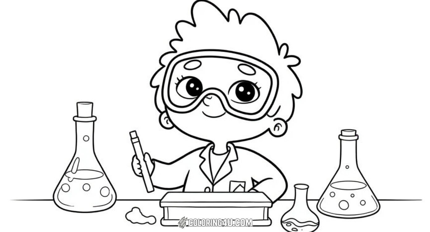 This delightful coloring page features an adorable child scientist wearing goggles and a lab coat, surrounded by various science symbols like atoms, molecules, planets, and beakers. Kids will enjoy bringing this curious young scientist and their exciting scientific world to life with colors!