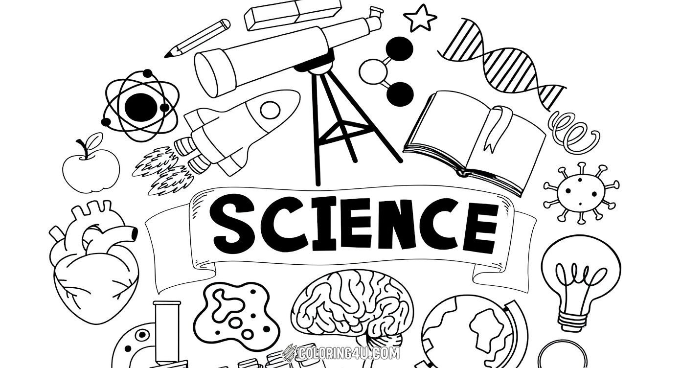 Discover a fun science-themed coloring page filled with a variety of science icons like a telescope, rocket, DNA strand, brain, light bulb, microscope, test tubes, and planets. Kids are invited to color this educational and inspiring collection that celebrates the wonders of science in an engaging and creative way.