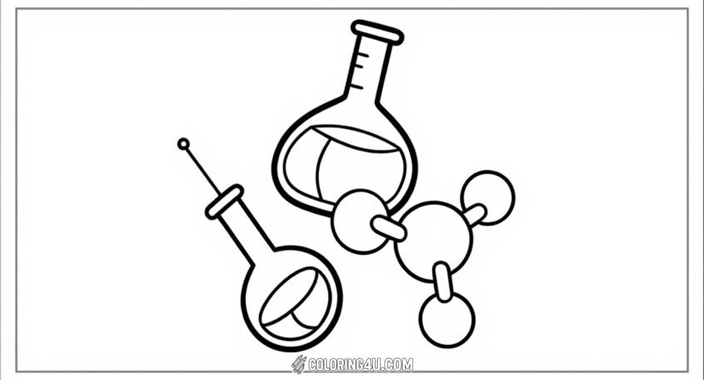 This simple and bold coloring page showcases classic scientific glassware and a molecular model, perfect for younger kids or beginners. With clear, easy-to-color shapes of a flask, test tube, and molecule, it’s an inviting introduction to the tools and building blocks scientists use.