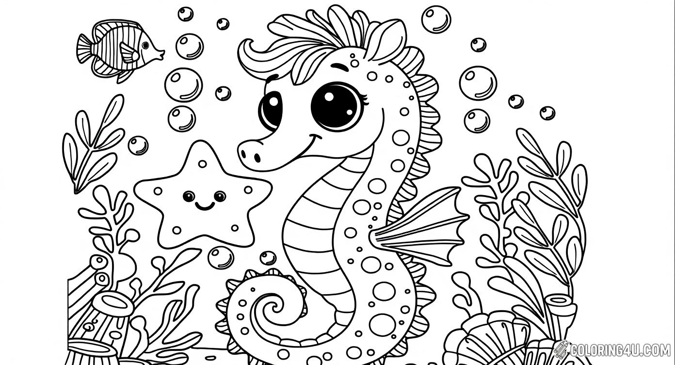 Color a joyful underwater scene featuring a cheerful seahorse, a smiling starfish, and a curious fish. Perfect for kids to explore vibrant ocean colors and enjoy a fun sea adventure!