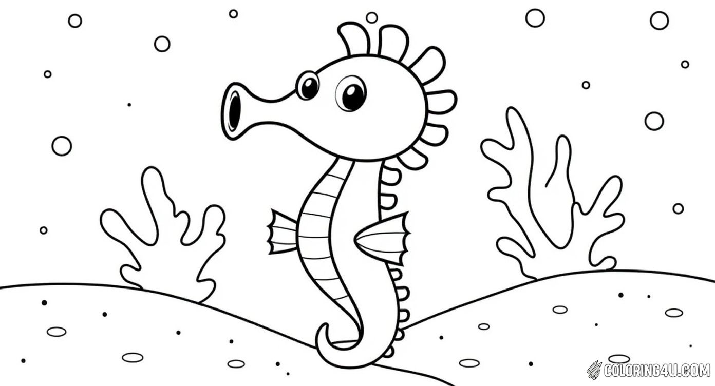 Explore the ocean floor with this delightful seahorse coloring page. Surrounded by seaweed and bubbles, it's a great design for kids to practice coloring and create their own underwater story.