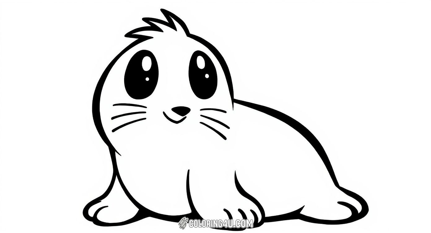 Meet this super cute chibi seal with big sparkling eyes and a sweet smile that kids will love to color. This playful cartoon character brings fun and joy, making it a perfect coloring page for children who adore friendly sea animals.