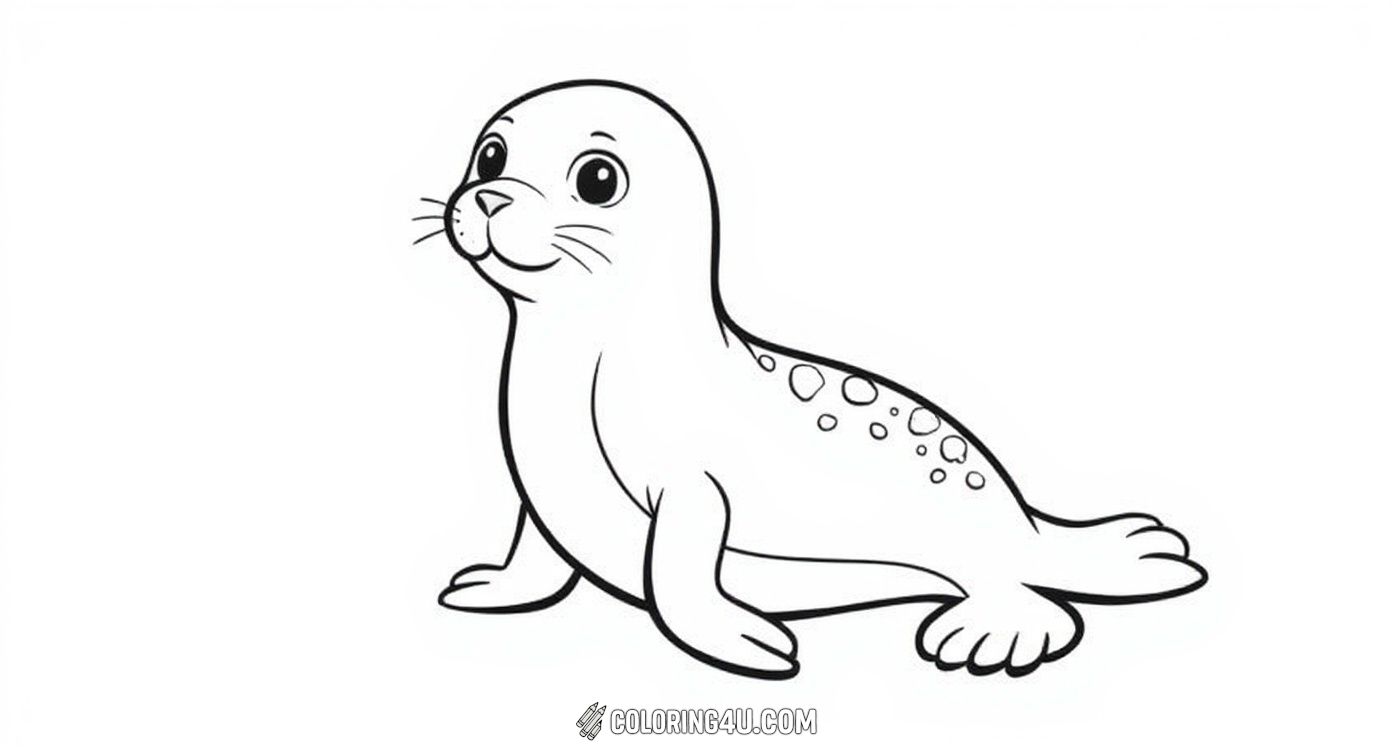 This adorable coloring page features a cute seal with a spotted back, looking upwards with big, curious eyes. Kids will love bringing this friendly sea creature to life with their favorite colors!