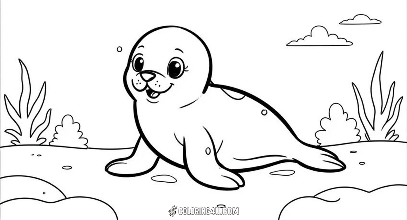 Meet this adorable smiling seal floating underwater among gentle waves and bubbles! This delightful coloring page invites kids to bring joy and color to the lively sea scene with their imagination.