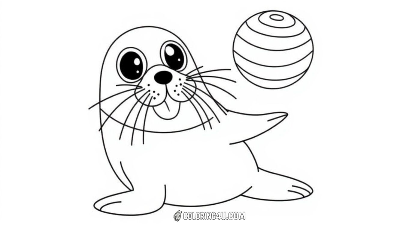 This fun coloring page shows a cheerful seal balancing a striped ball on its head, with big expressive eyes and a smiling face. Children will enjoy coloring this playful seal and bringing its entertaining circus act to life!
