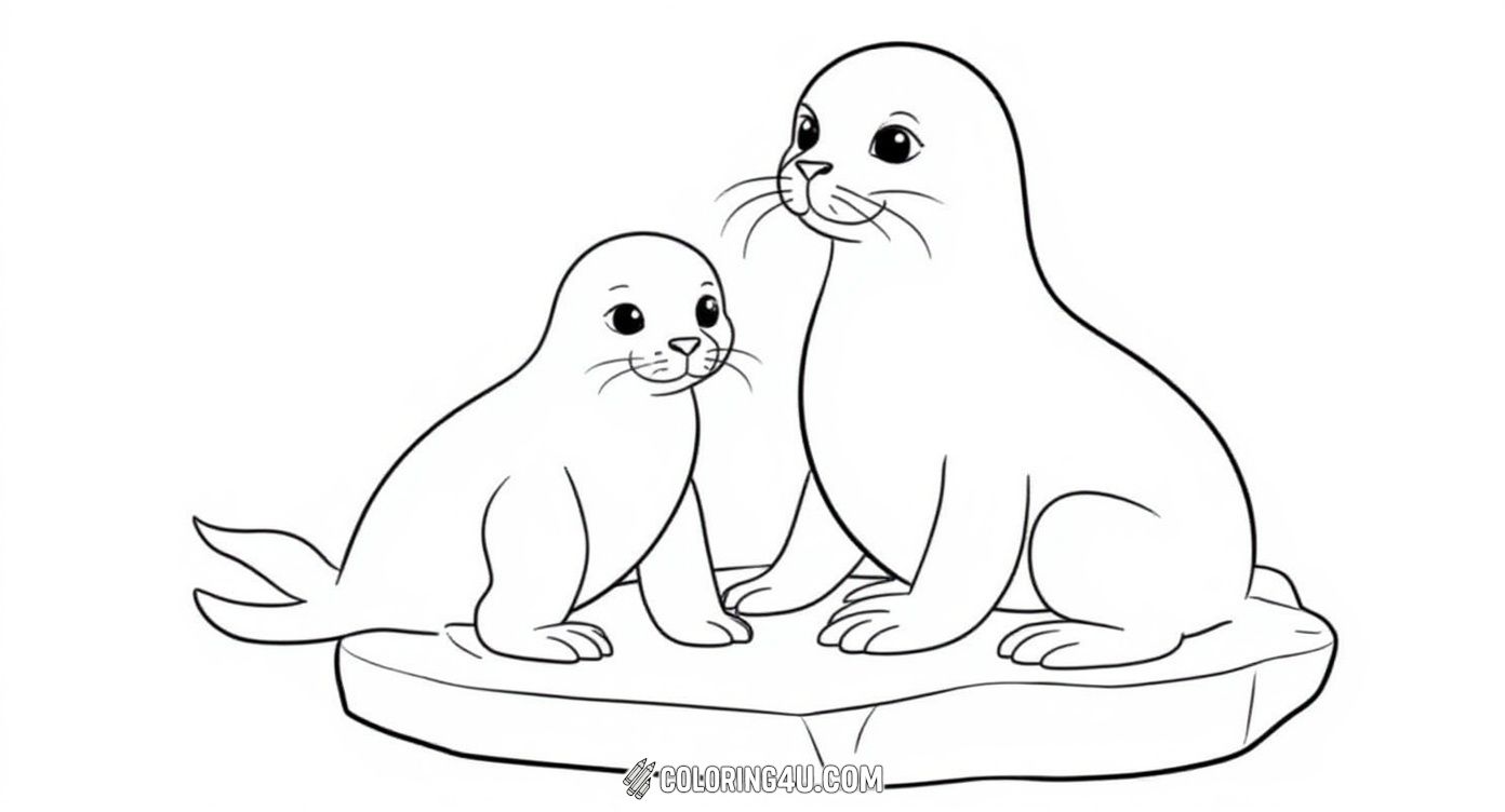 Discover the loving bond between a mother seal and her adorable baby resting peacefully on a stone surrounded by seaweed. This charming scene invites kids to color the gentle giants of the sea and imagine the beauty of ocean life.