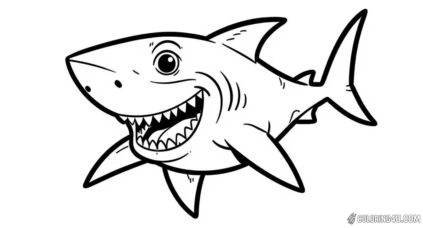 Meet this happy and smiling cartoon shark swimming happily underwater! With its big grin and lively eyes, this friendly shark is waiting for kids to add bright and joyful colors. This fun and cheerful shark coloring page is perfect for young artists who love playful sea creatures.