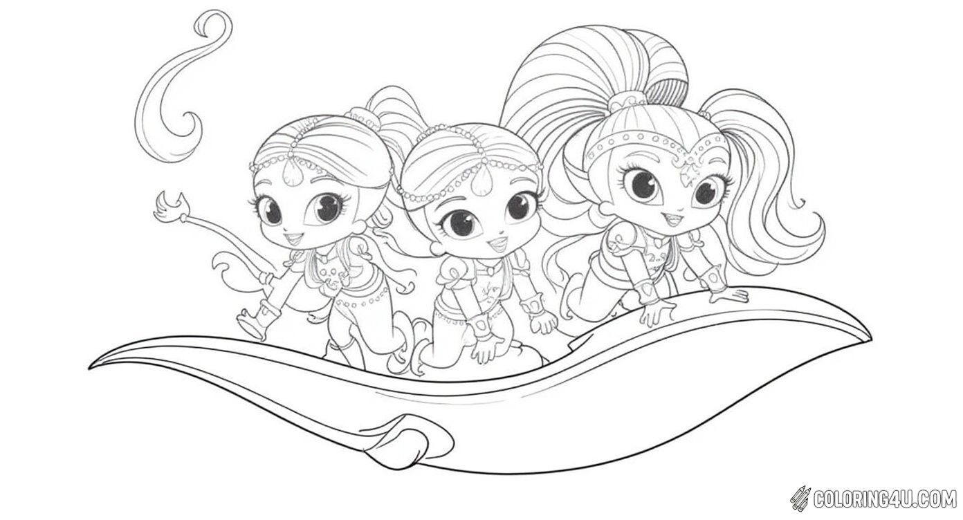 Printable coloring page of Shimmer Shine And Friends Flying On Magic Carpet from the Shimmer And Shine category.