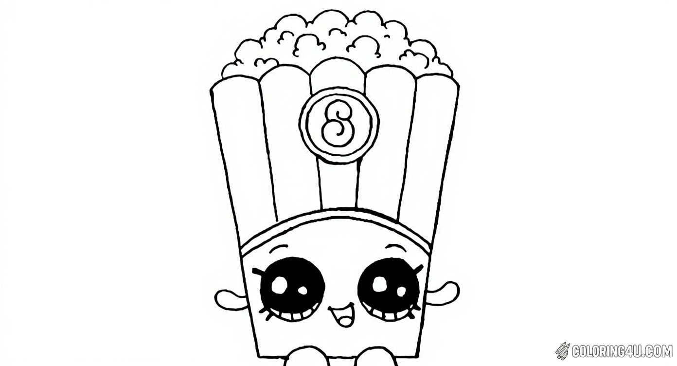 Meet this cheerful popcorn box from Shopkins, ready to pop with happiness! With its wide eyes and cute smile, this funny character invites kids to enjoy coloring and unleash their creativity with bright, popping colors.