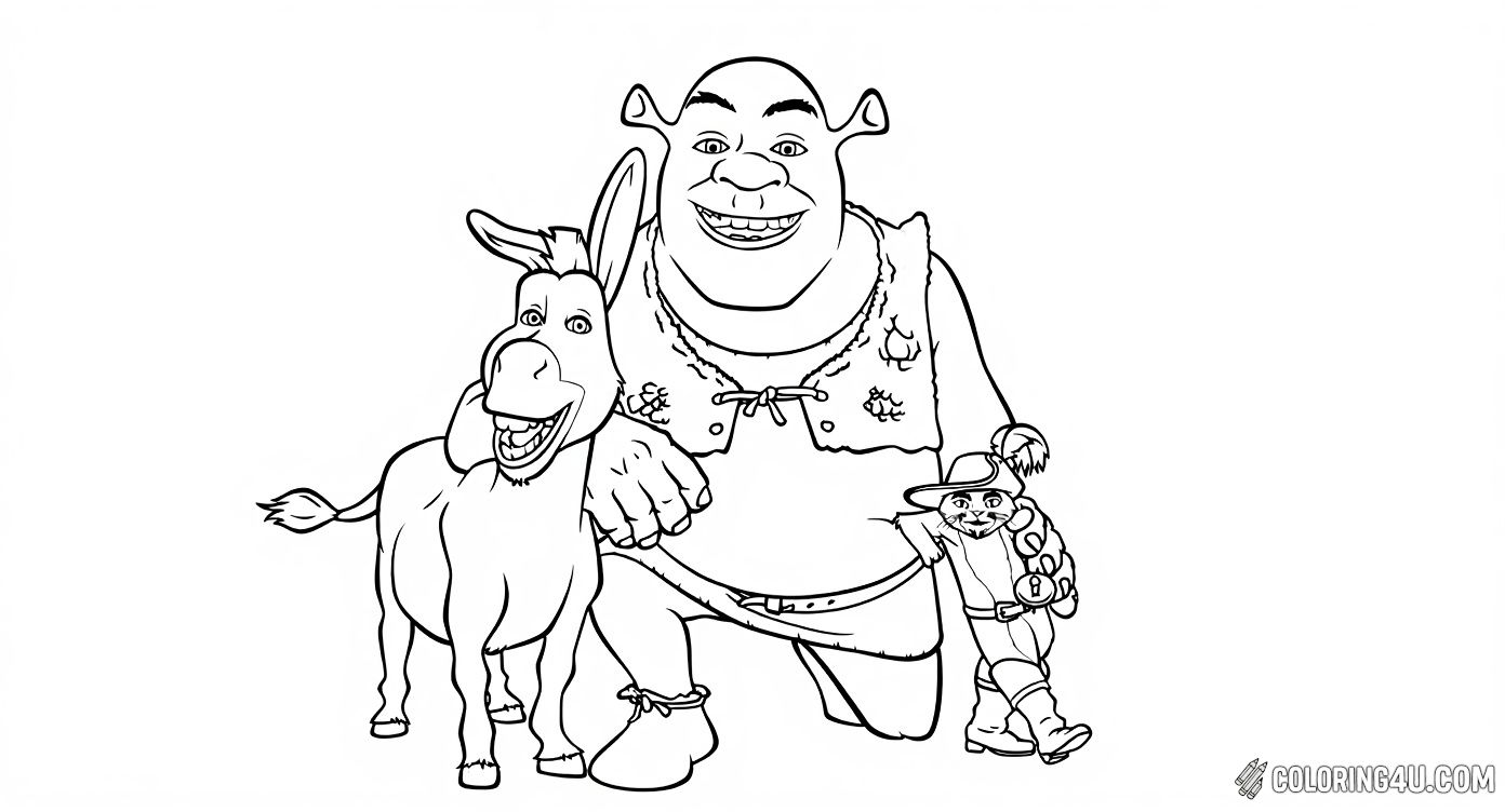 Join Shrek, Donkey, and Puss in Boots from the fun-filled Shrek movies in this delightful coloring page. These best friends are ready for an adventure, and kids can bring them to life with their favorite colors. Perfect for fans of the magical fairy tale world!