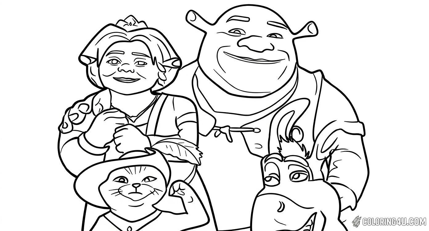 Color Shrek and his beloved family along with their friends Donkey and Puss in Boots! This lovely coloring page features the joyful group from DreamWorks' Shrek movies, inviting kids to add vibrant colors and make this fairy tale scene even more magical.