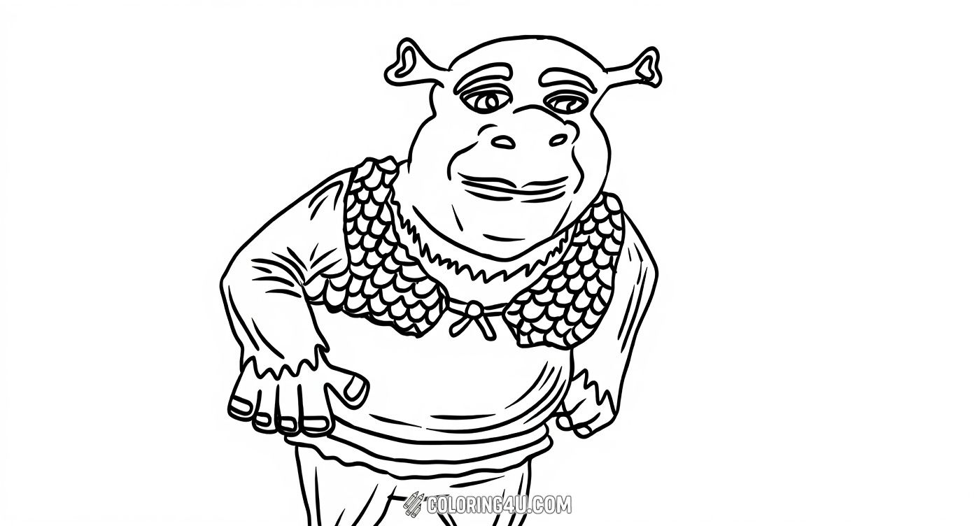 Here is a charming coloring page of Shrek, the friendly green ogre from DreamWorks' Shrek. Kids can enjoy adding their favorite colors to Shrek as he stands ready for a colorful adventure.