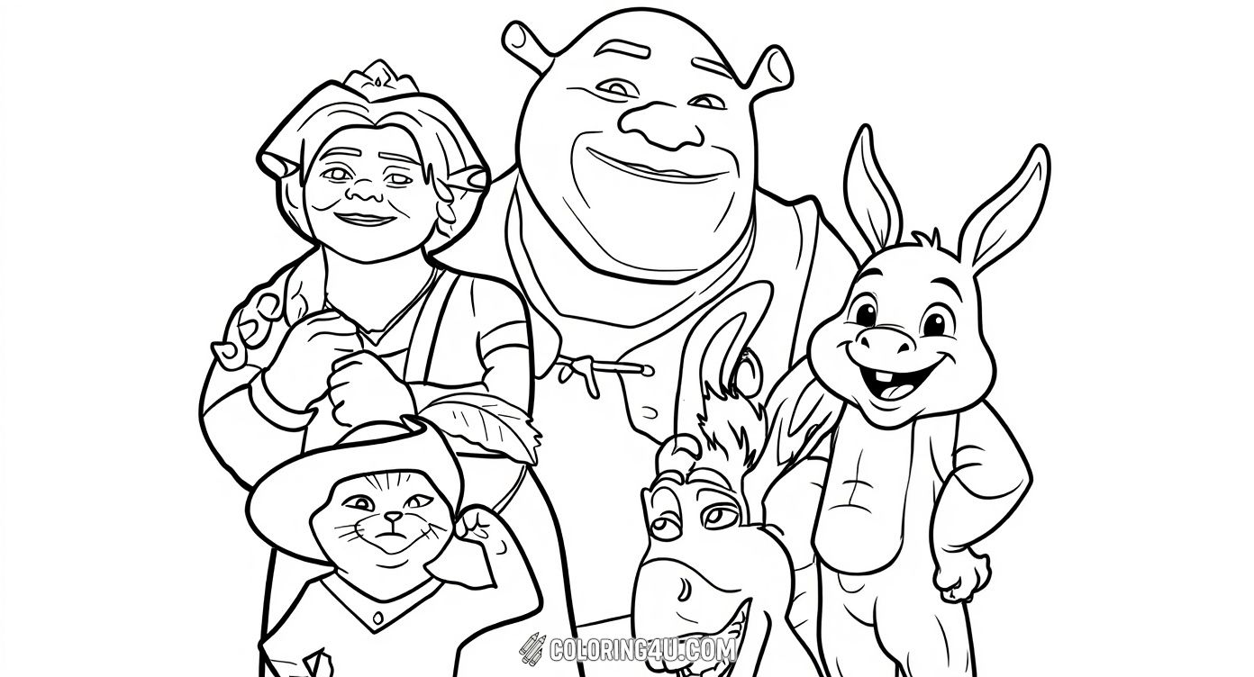 Color a joyful scene featuring Shrek, Princess Fiona, Donkey, and Puss in Boots from the magical world of Shrek. This delightful coloring page invites kids to add vibrant colors to these friends as they share a happy moment together.