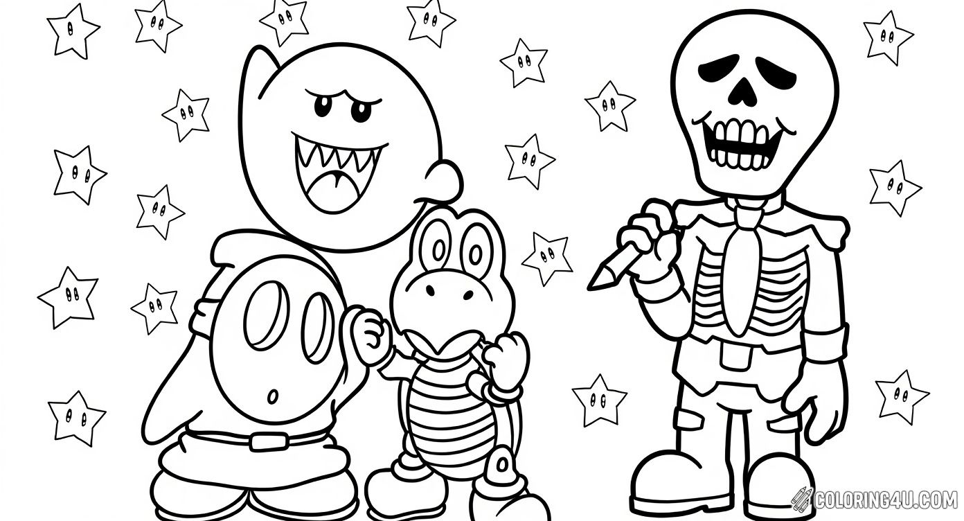 This fun and friendly coloring page features Shy Guy posing with a Boo ghost and Skeletron buddy from the Super Mario universe. Kids can enjoy bringing these classic video game characters to life with their favorite colors while exploring the magical world of Mario adventures.