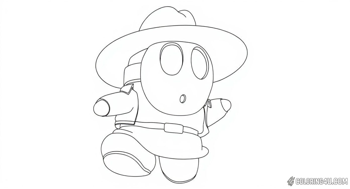 Join Shy Guy in a cute and simple coloring page where he wears a stylish wide-brim hat, ready for an adventure. This image invites kids to use bright colors and creativity to make this shy little character stand out in a wonderful Mario-themed story.