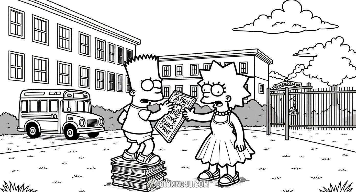 Join Bart and Lisa Simpson in their schoolyard adventure! Bart stands confidently on a stack of books while Lisa talks to him, surrounded by the familiar school buildings and bus. This fun coloring page captures a moment of sibling interaction and school life, perfect for kids who love The Simpsons.