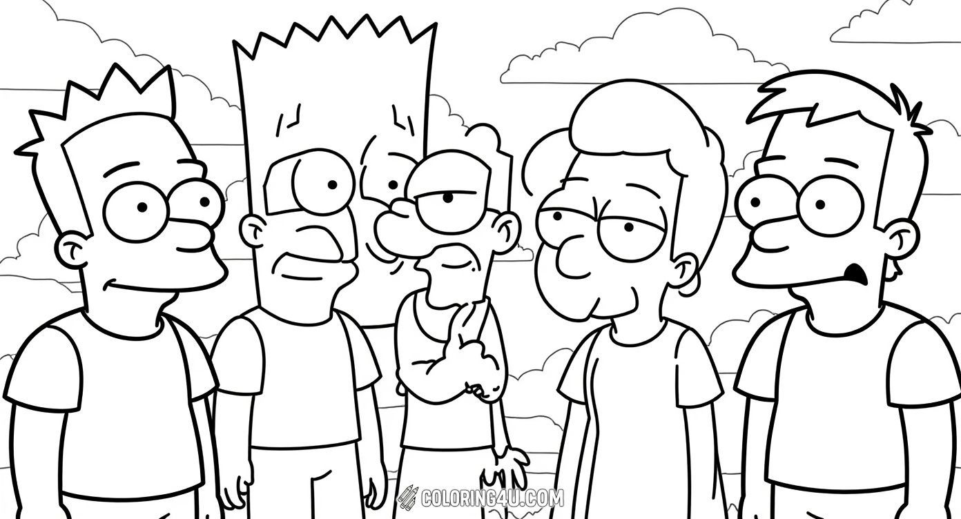 Color this fun scene featuring Bart Simpson and his best friend Milhouse from The Simpsons! Standing back-to-back with confident poses, these two friends are ready for an adventure. Grab your crayons and make their friendship shine with your colors!