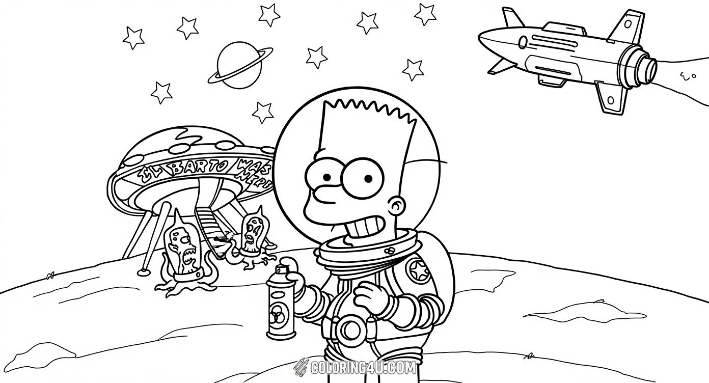 Join Bart Simpson in this exciting outer space adventure as he sports a shiny astronaut suit and spray paint can. Around him floats the stars and a planet with rings, while alien creatures and a spaceship marked 'El Barto was here' await your colorful touch. Kids will love bringing this cosmic scene to life with their favorite hues!