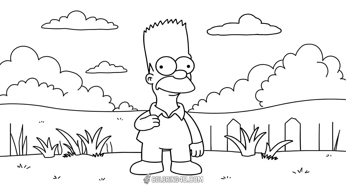 Color Bart Simpson as he stands outside in a simple backyard scene. With a cheerful smile, Bart is ready for any mischief or fun the day might bring. The background features a small fence, some plants, and a cloud floating in the sky, providing a perfect simple setting for kids to enjoy coloring their favorite character.
