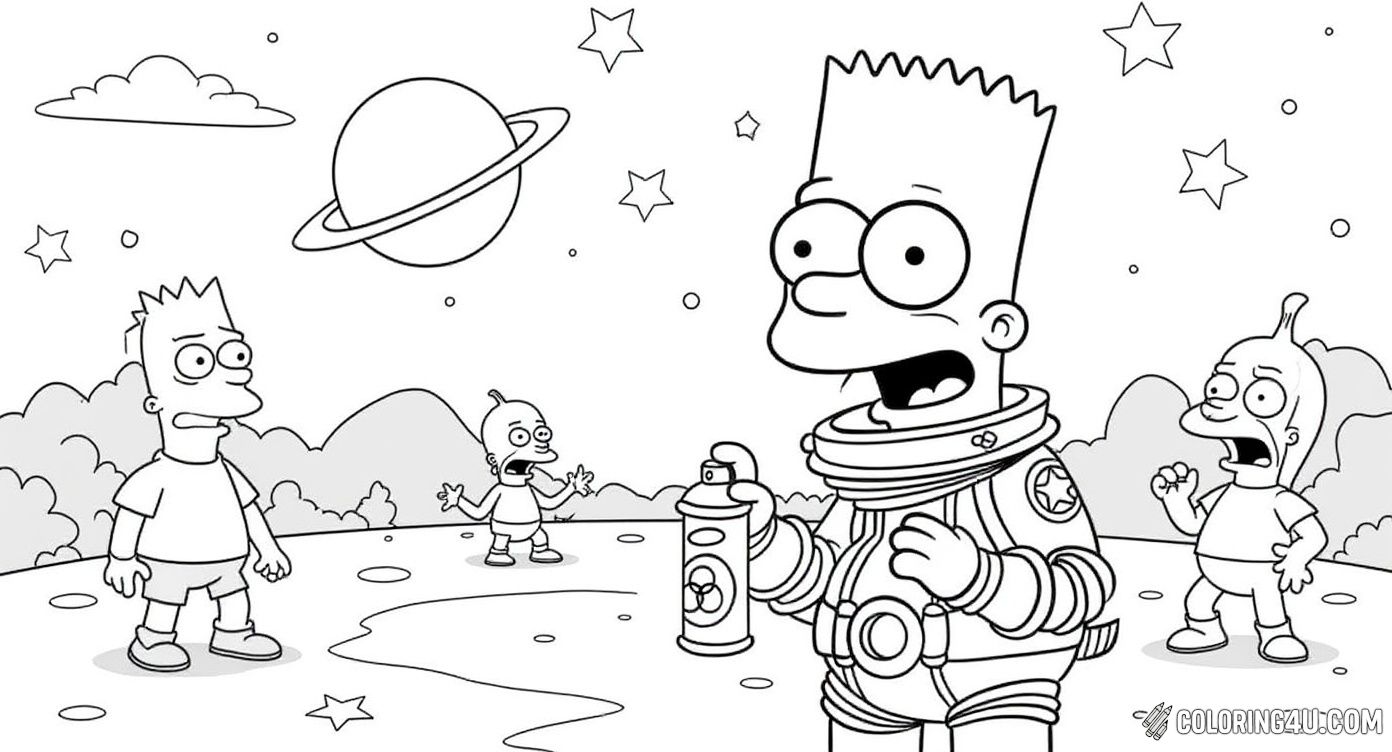 Join Bart Simpson on a fun space adventure as he explores an alien planet! Kids can color Bart in his astronaut suit with his spray can, while friendly aliens float nearby and a spaceship covered in the message 'El Barto was here' awaits. This exciting scene invites imaginative coloring and outer space fun!