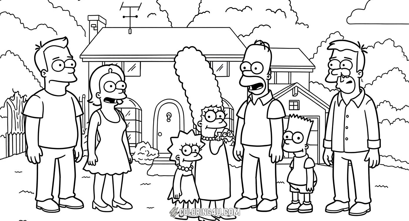 Color the entire Simpson family standing happily in front of their classic Springfield home. Featuring Marge, Homer, Bart, Lisa, and little Maggie, this cheerful scene is perfect for kids to bring the beloved TV family to life with colorful creativity. Capture the warmth and fun of the Simpsons' everyday life in your artwork!
