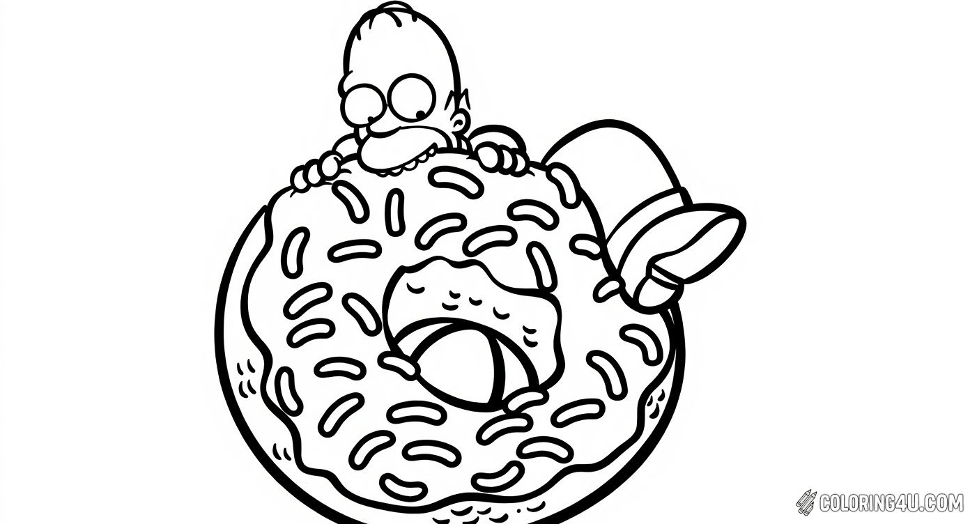 Color the lovable Homer Simpson as he eagerly devours a giant donut covered with sprinkles! This fun and simple coloring page shows Homer biting into his favorite treat, perfect for kids who love food and funny characters. Get ready to add vibrant colors to this sweet and hilarious moment!