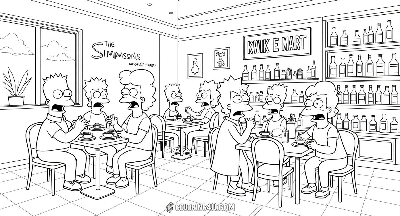 Step inside the Kwik-E-Mart with the Simpsons family for a tasty treat! Homer is happily holding burgers while Marge, Bart, and Lisa look on in this lively scene. This detailed coloring page is perfect for kids who love food and fun from the world of The Simpsons.
