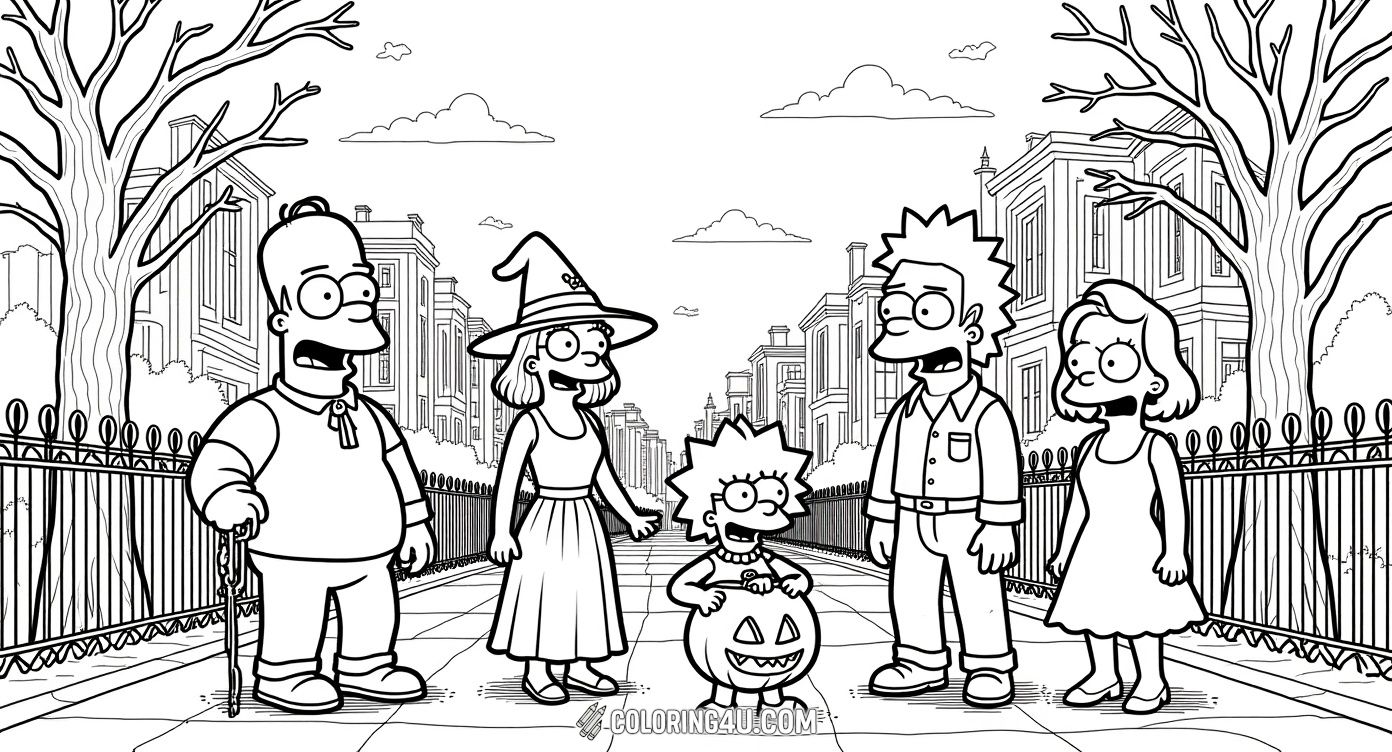 Join the Simpsons family as they dress up in spooky Halloween costumes! Homer is a mummy, Marge and Lisa are witches, Maggie is wrapped like a tiny mummy, and two Lisas are having fun holding Halloween decorations. The eerie street with bats and bare trees sets the perfect spooky scene for a fun-filled Halloween adventure.