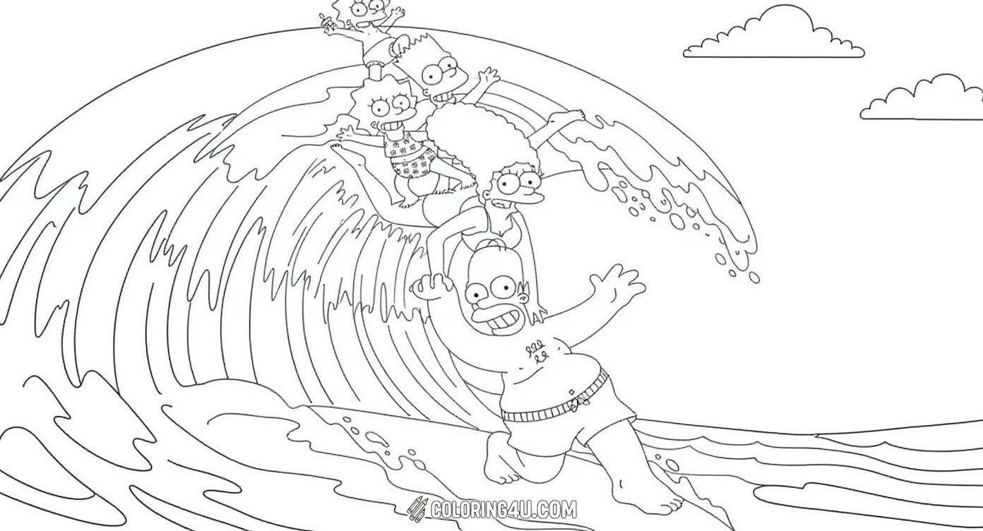 Get ready to ride the waves with the entire Simpson family! Bart, Lisa, Maggie, Marge, and Homer are having a fantastic time surfing together on a big wave. This exciting coloring page is full of motion and joy, inviting kids to bring the Summer beach fun and the beloved Simpsons characters to life.