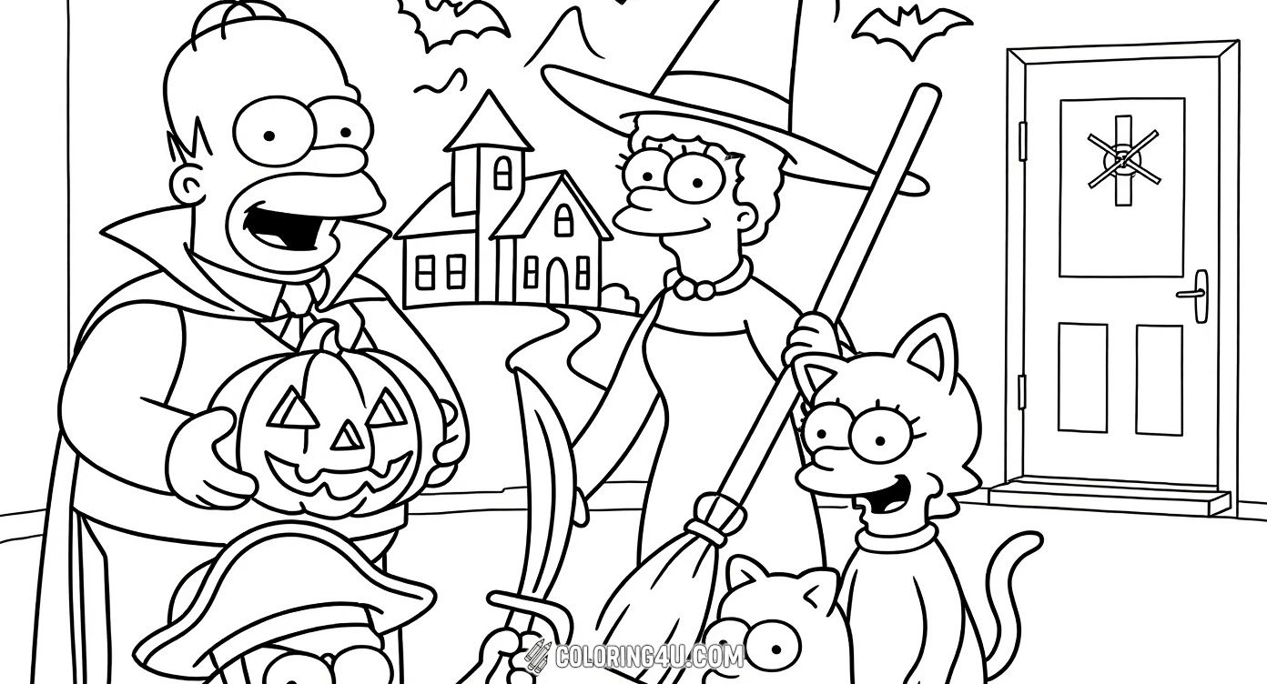 Celebrate Halloween night with the Simpsons in this fun coloring page! Homer holds a jack-o'-lantern, Marge is dressed as a witch holding a broom, and Bart is ready for adventure with a pirate costume. Maggie and the family cat add to the festive spirit. A spooky house and flying bats complete the Halloween atmosphere, inviting kids to bring this scene to life with color.