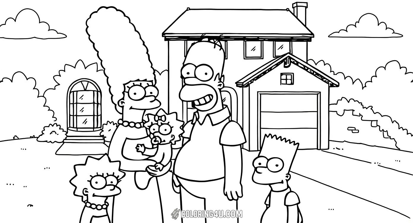 Join the lovable Simpsons family in front of their iconic house! Marge, Homer, Bart, Lisa, and baby Maggie are ready for you to add your favorite colors to this classic scene from The Simpsons. Bring this cheerful family to life with your creativity!