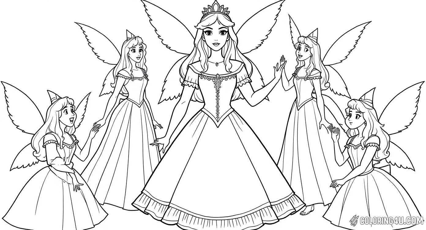 Printable coloring page of Sleeping Beauty Princess With Fairies from the Sleeping Beauty category.