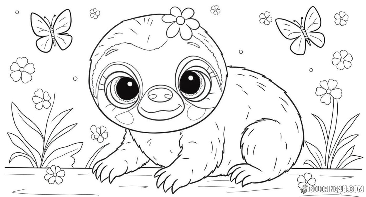 Adorable Big Eyed Sloth With Flowers And Butterflies