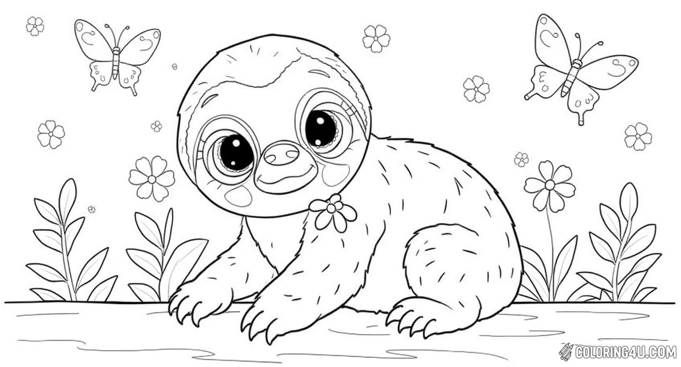 This adorable coloring page showcases a cute sloth with big expressive eyes surrounded by butterflies and small flowers. Perfect for kids who love nature and animals, this image invites creativity and imagination as they add colors to the cheerful sloth and the beautiful garden scene around it.