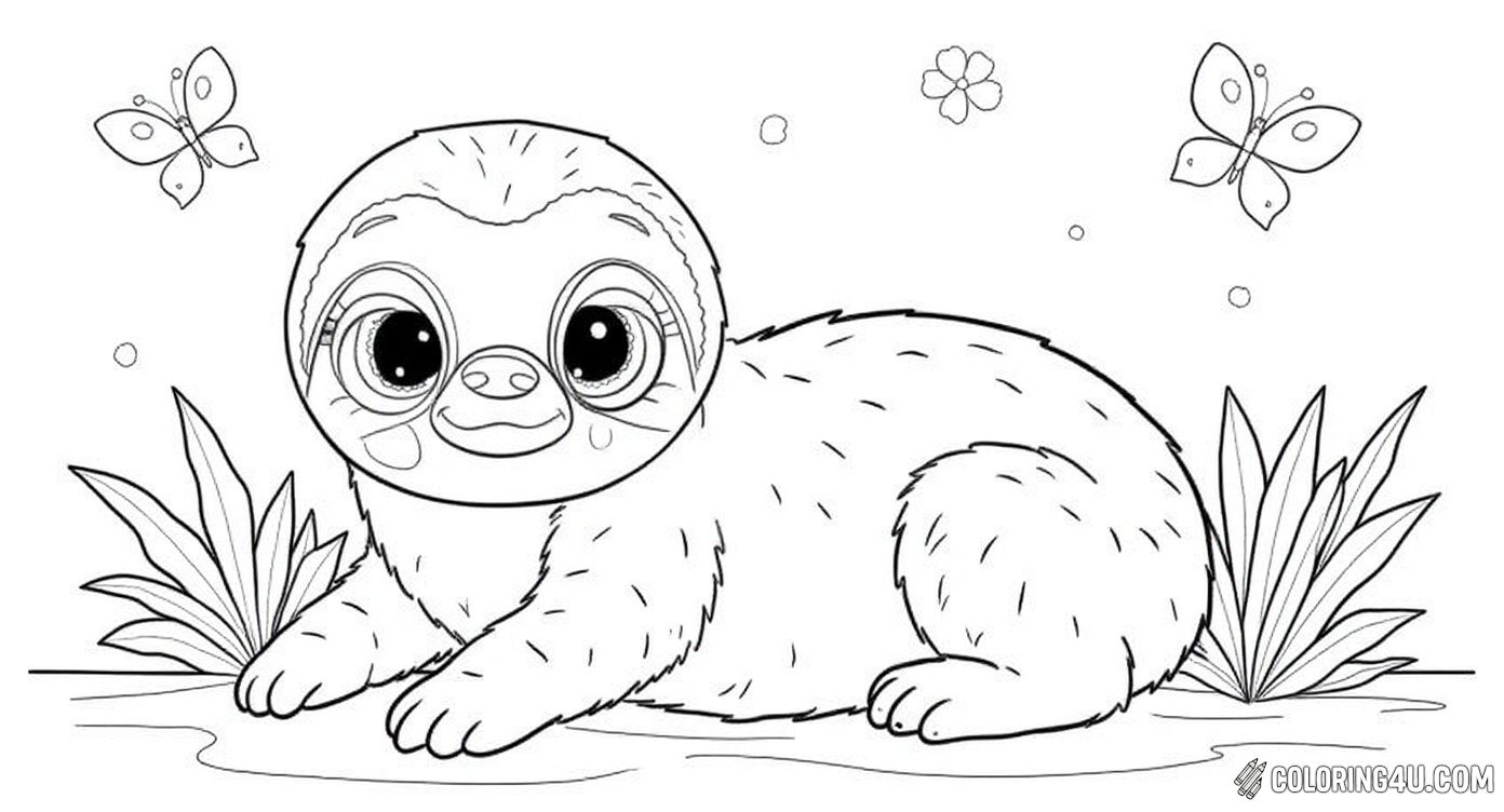 Adorable Sloth With Flowers And Butterflies