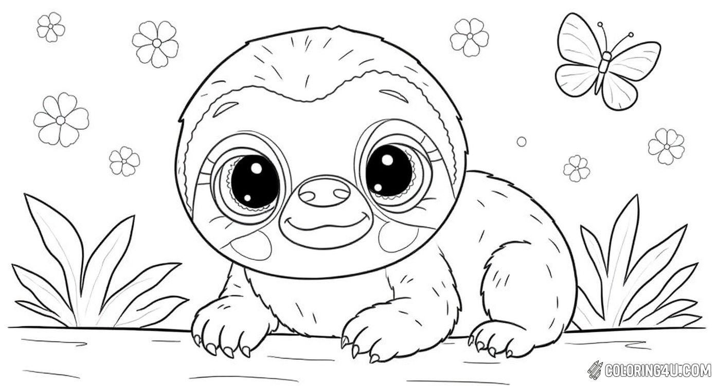 Meet the adorable big-eyed sloth surrounded by flowers and fluttering butterflies in this sweet coloring page. Kids will enjoy coloring this lovable character, adorned with a pretty flower on its head, and adding cheerful colors to the magical nature setting.