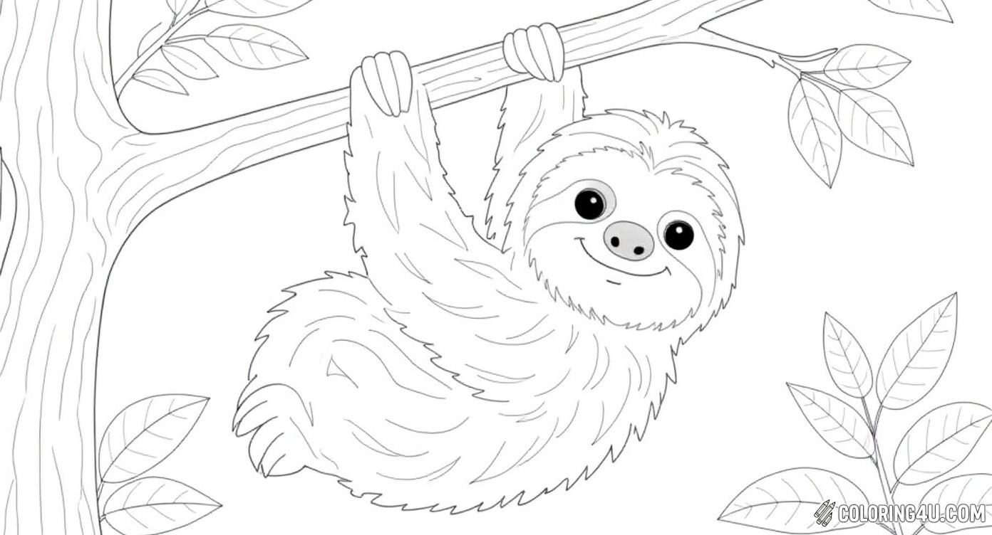 This delightful coloring page features a sweet sloth hanging playfully from a tree branch surrounded by leaves and small hearts. The sloth's big, friendly eyes and gentle smile make it a perfect picture for kids to color while learning about this slow-moving, lovable animal from the rainforest.