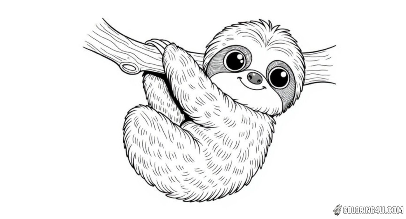 This adorable coloring page features a cute sloth hanging happily from a tree branch. With its big, bright eyes and fluffy fur, this little sloth invites kids to bring it to life with colors. The detailed leaves and tree trunk offer extra fun for young artists to explore.