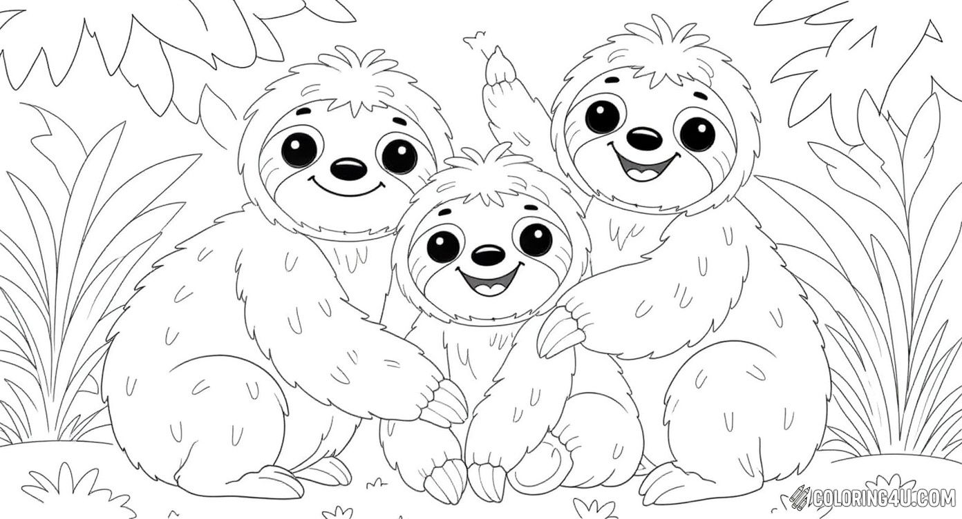 Enjoy hours of fun with this lively coloring page showing a playful family of sloths surrounded by jungle leaves and flowers. Each sloth has a unique expression, inviting kids to color their friendship and the vibrant jungle setting with imagination and joy.
