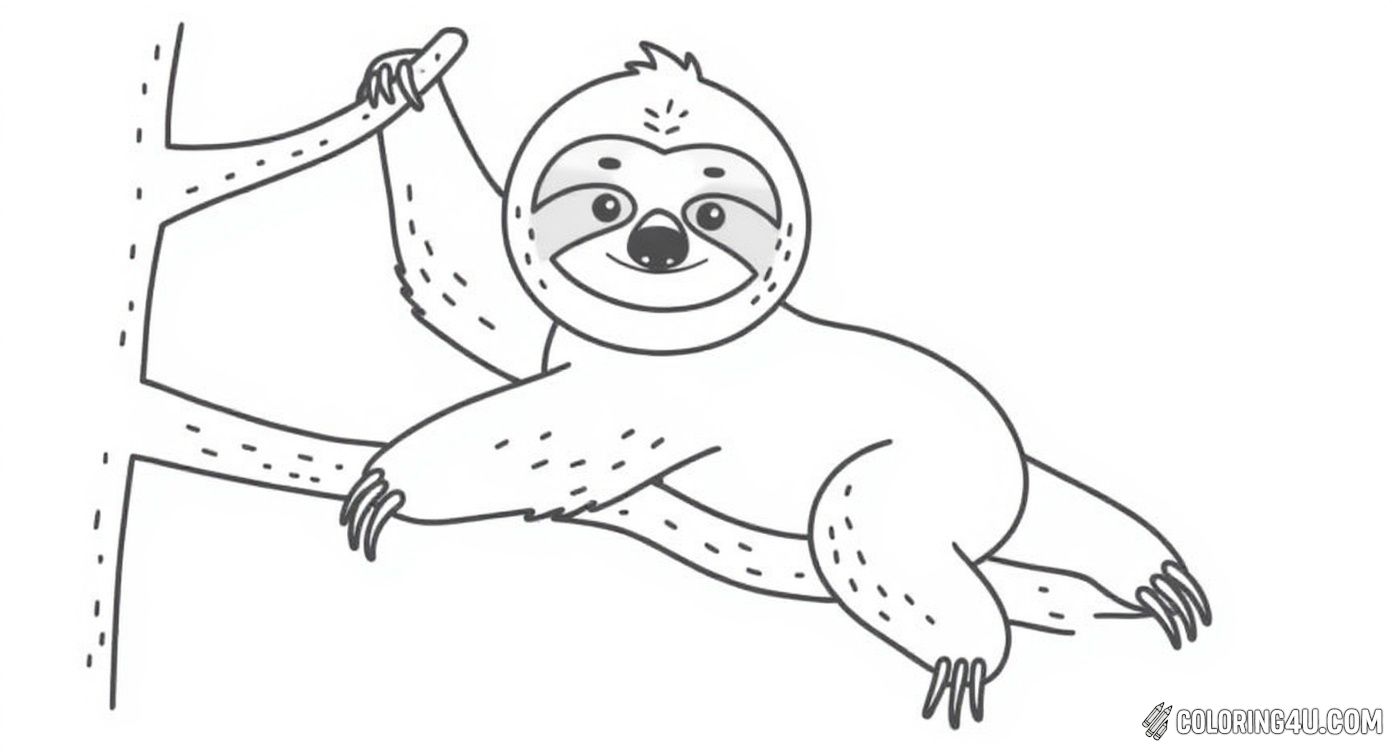 Simple Cartoon Style Sloth Hanging On Branch