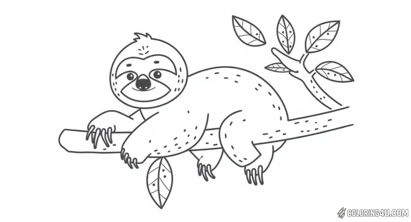 Simple Sloth On Tree Branch With Leaves