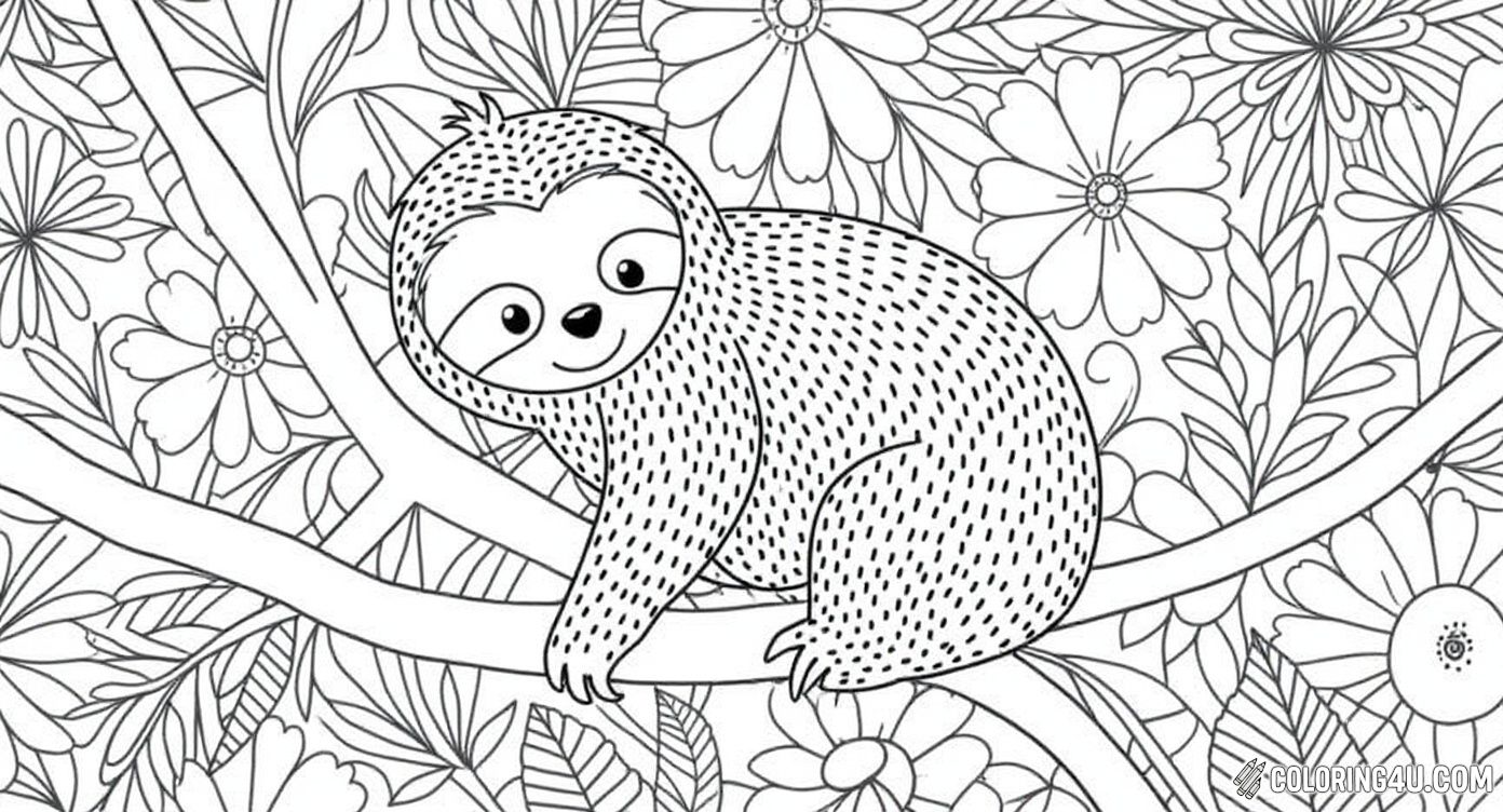 Bring creativity to life with this charming sloth clinging to a branch against a dazzling background full of intricate floral and geometric doodles. Kids can enjoy coloring the playful sloth as well as the beautifully detailed patterns, making this page a delightful artistic adventure.