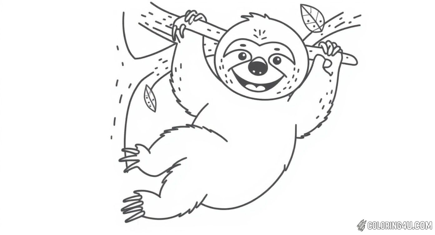 This friendly sloth is climbing a tall tree branch with a gentle smile, surrounded by scattered leaves. Kids will enjoy coloring this simple yet charming nature scene that highlights the slow and happy life of a sloth.